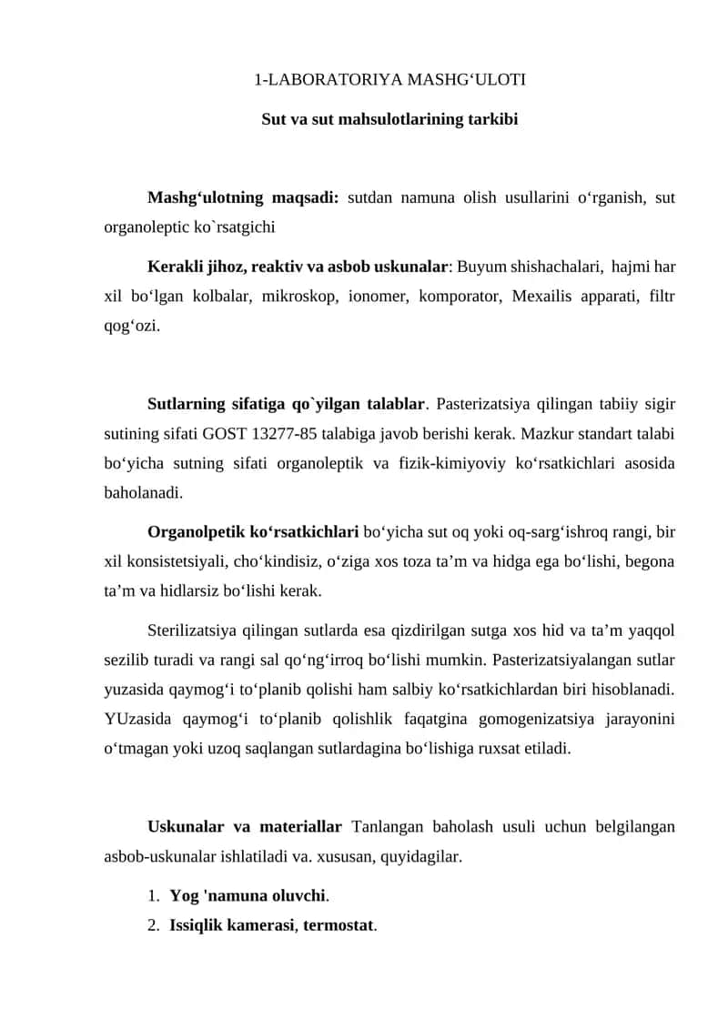 Sut va sut mahsulotlarining tarkibi 1