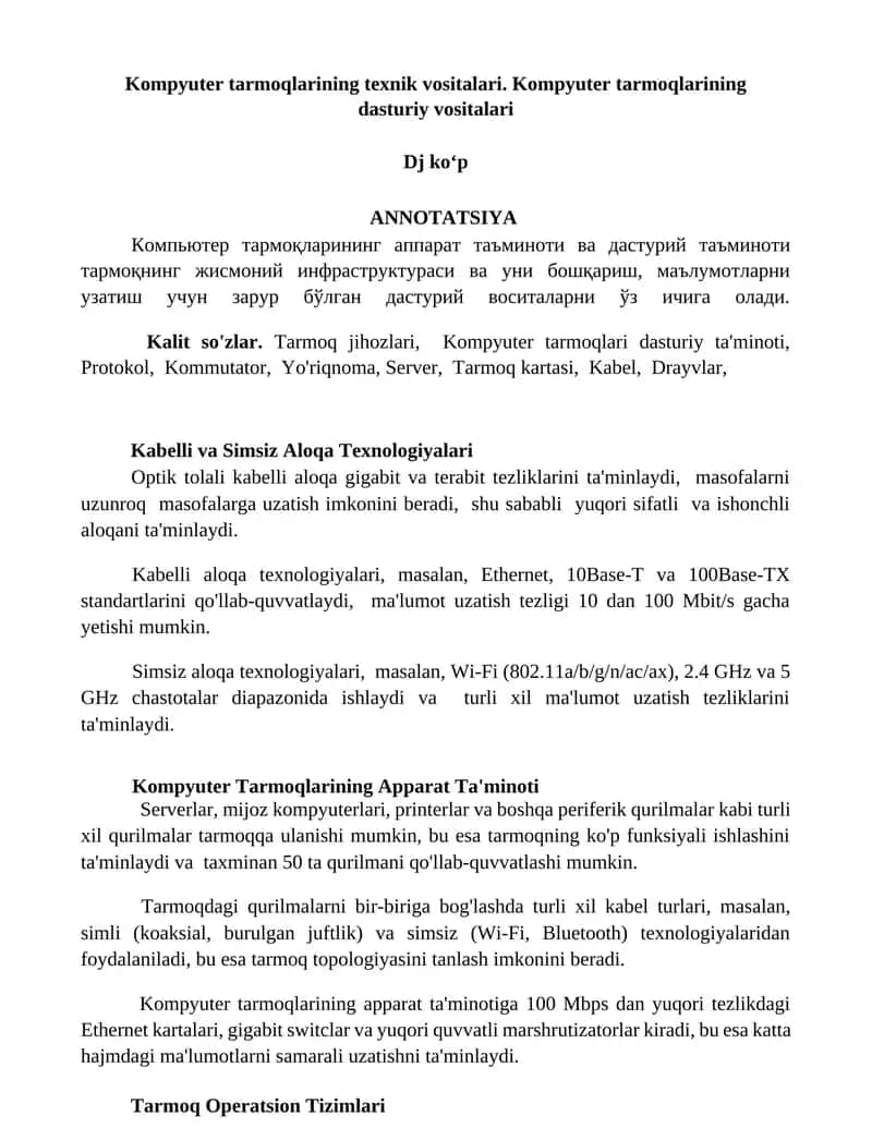 Kompyuter tarmoqlarining texnik vositalari 1
