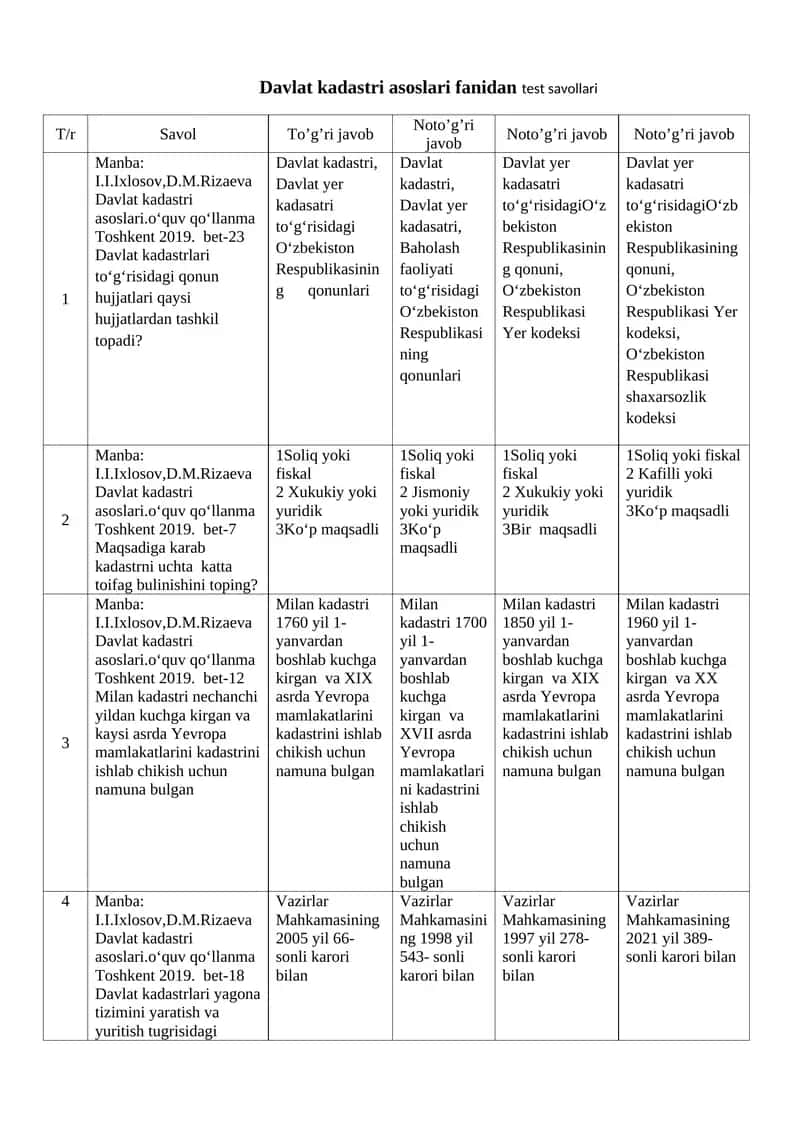 Davlat kadastri asoslari fanidan test savollari 1