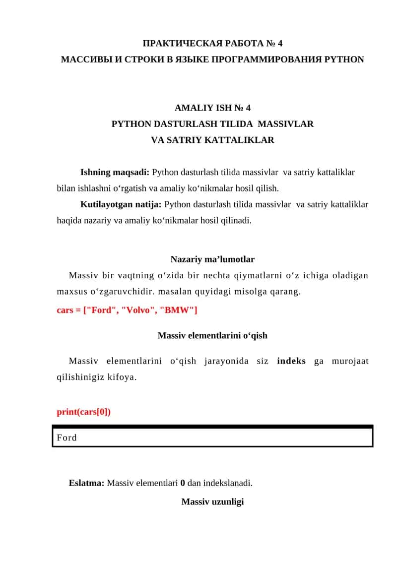 PYTHON DASTURLASH TILIDA MASSIVLAR VA SATRIY KATTALIKLAR 1