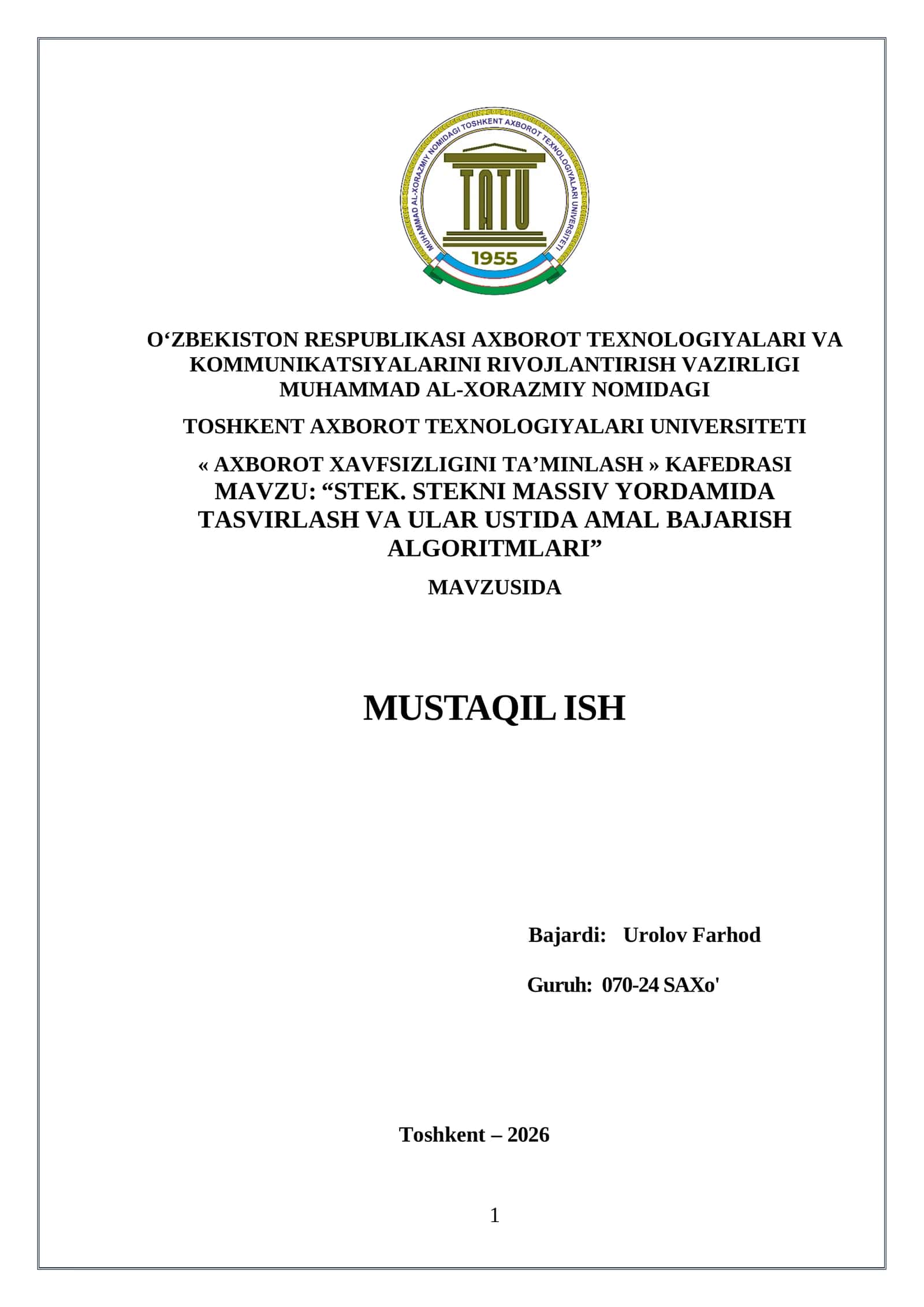 “STEK. STEKNI MASSIV YORDAMIDA TASVIRLASH VA ULAR USTIDA AMAL BAJARISH ALGORITMLARI” 1