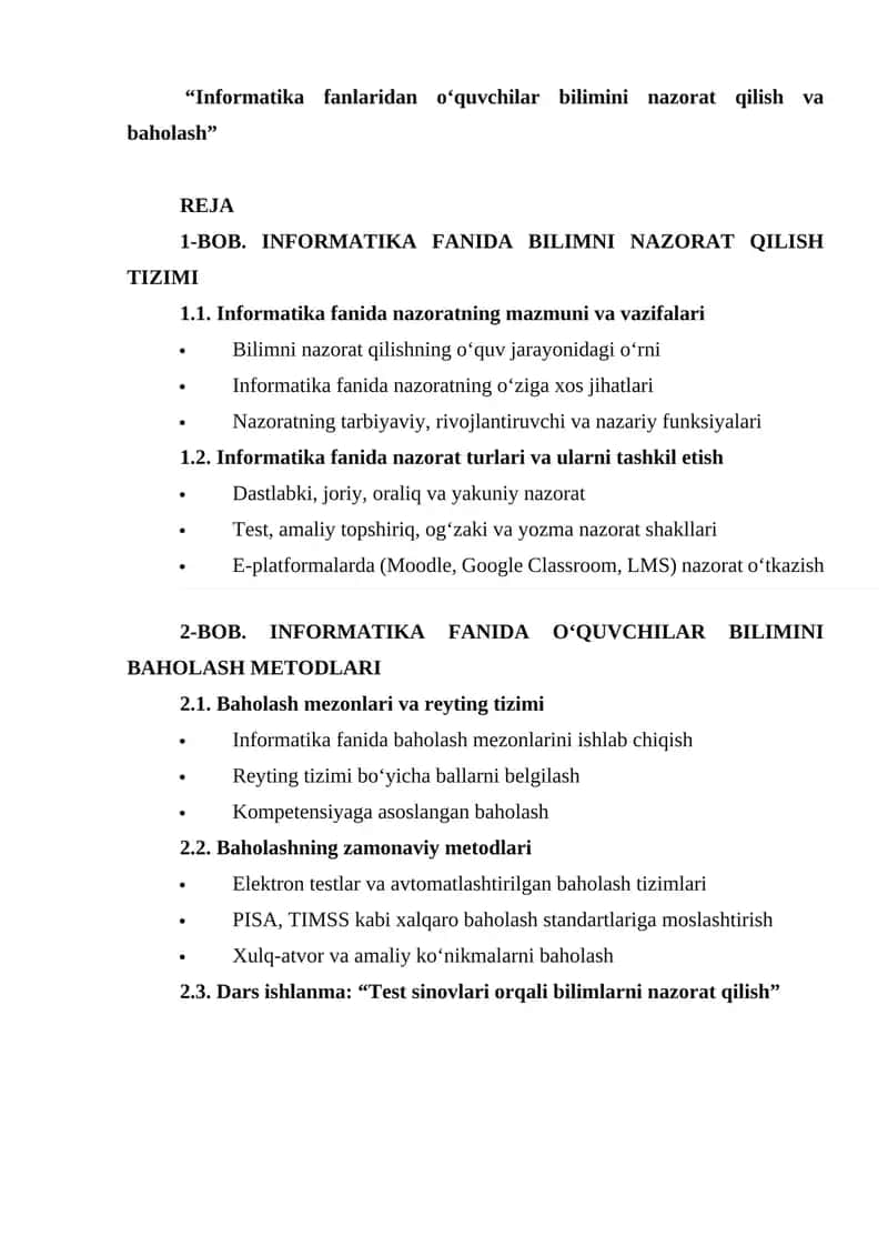 Informatika fanlaridan o‘quvchilar bilimini nazorat qilish va baholash 1