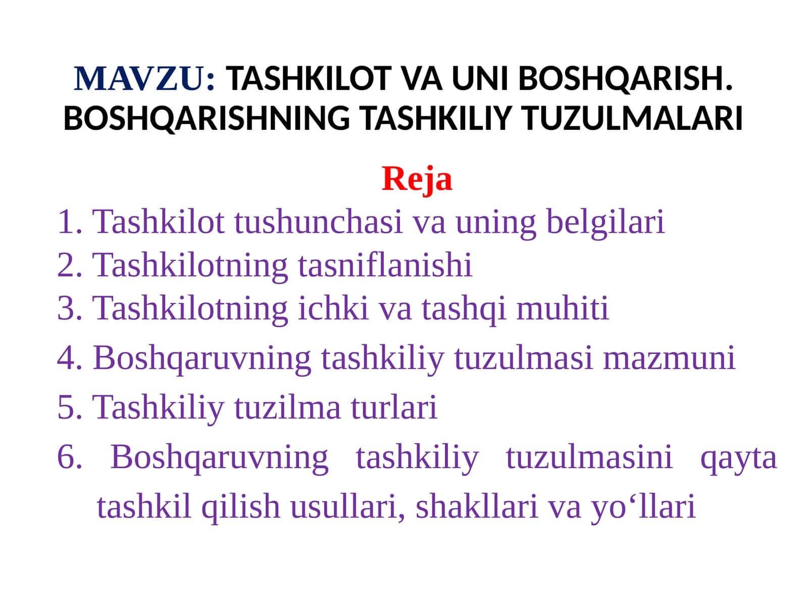 TASHKILOT VA UNI BOSHQARISH.BOSHQARISHNING TASHKILIY TUZULMALARI 1