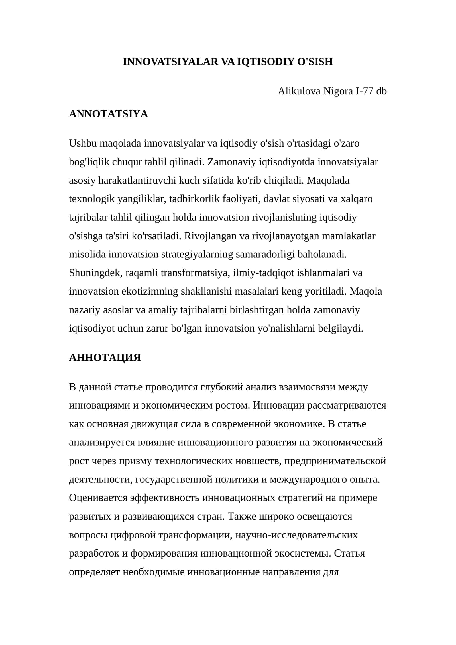 INNOVATSIYALAR VA IQTISODIY O'SISH 1