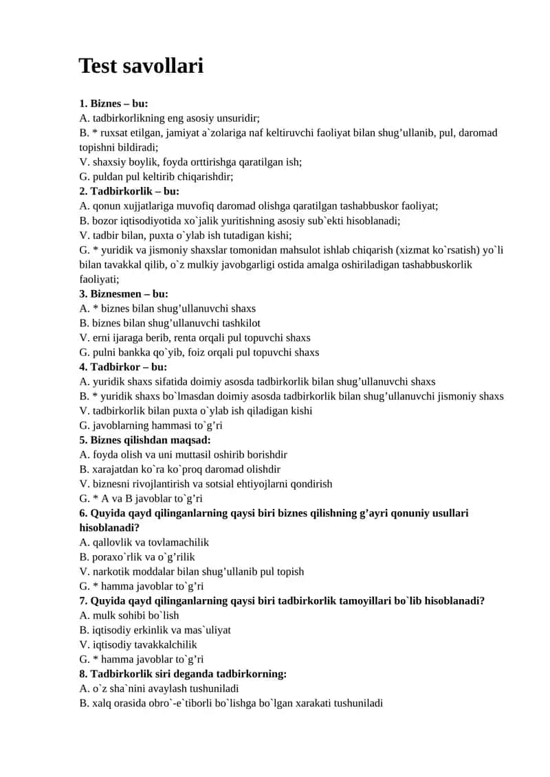 Test savollari biznes va iqtisodiyot 1