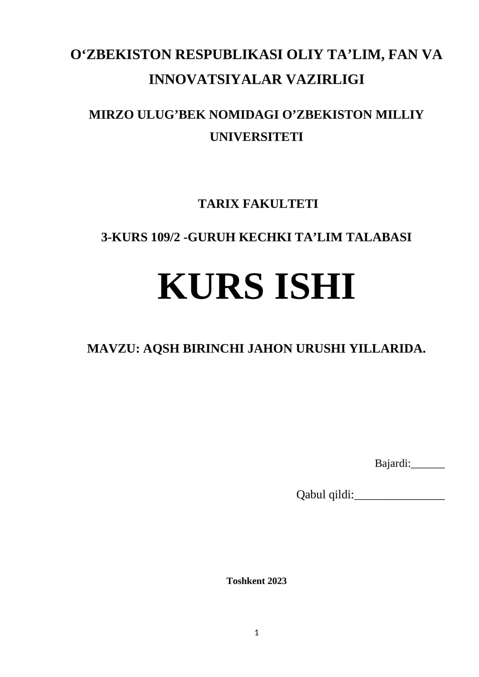 AQSH BIRINCHI JAHON URUSHI YILLARIDA 1