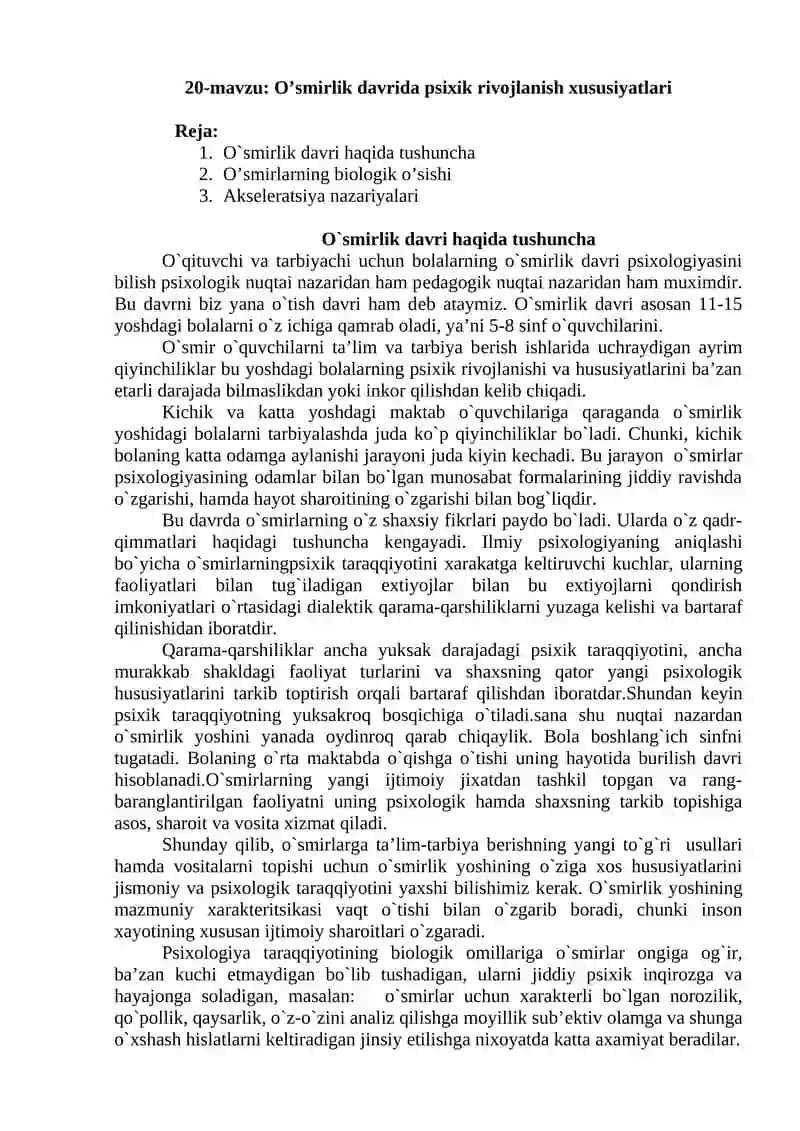 O’smirlik davrida psixik rivojlanish xususiyatlari