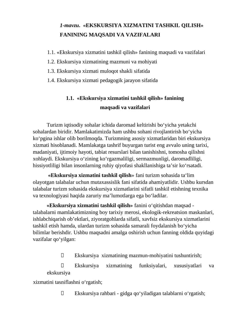 Ekskursiya xizmatini tashkil qilish 1