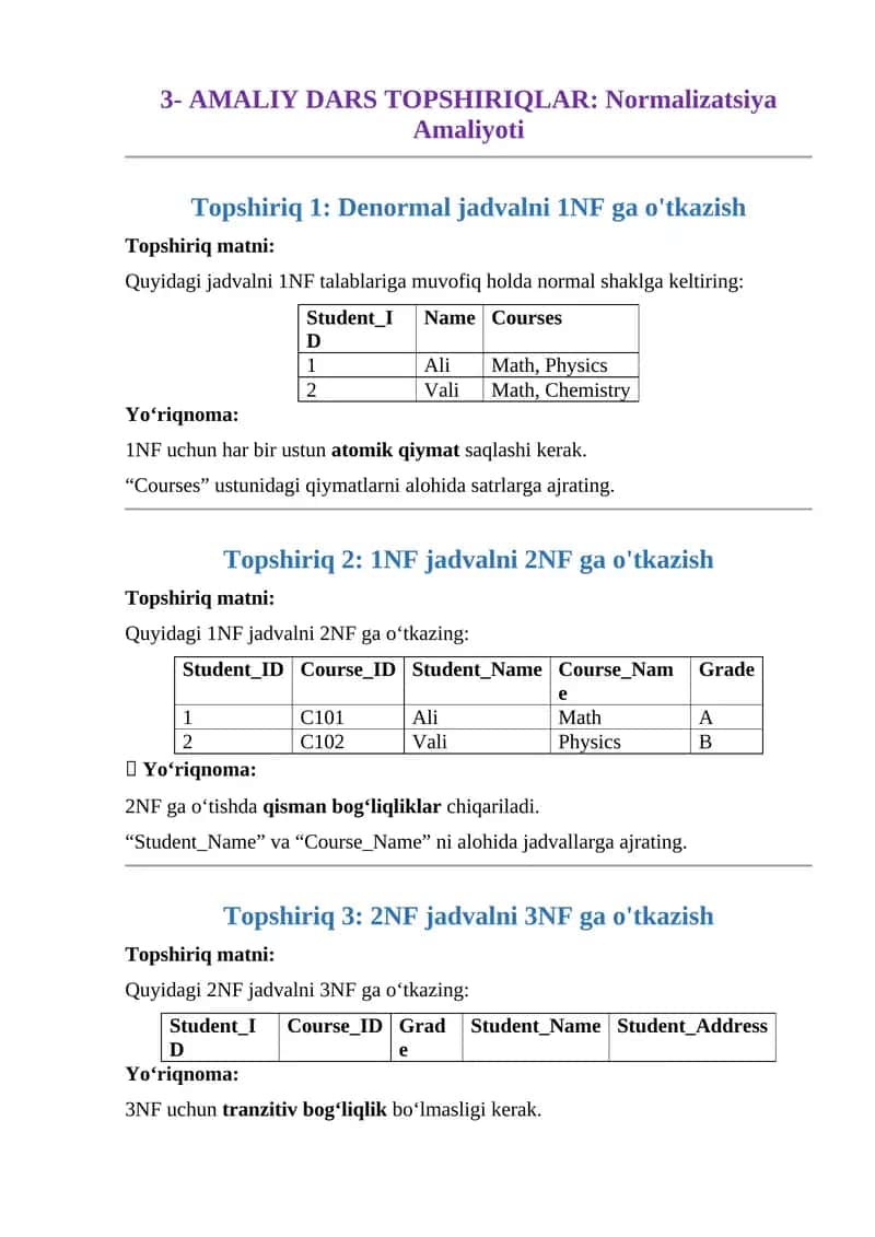 3- AMALIY DARS TOPSHIRIQLAR: Normalizatsiya Amaliyoti 1
