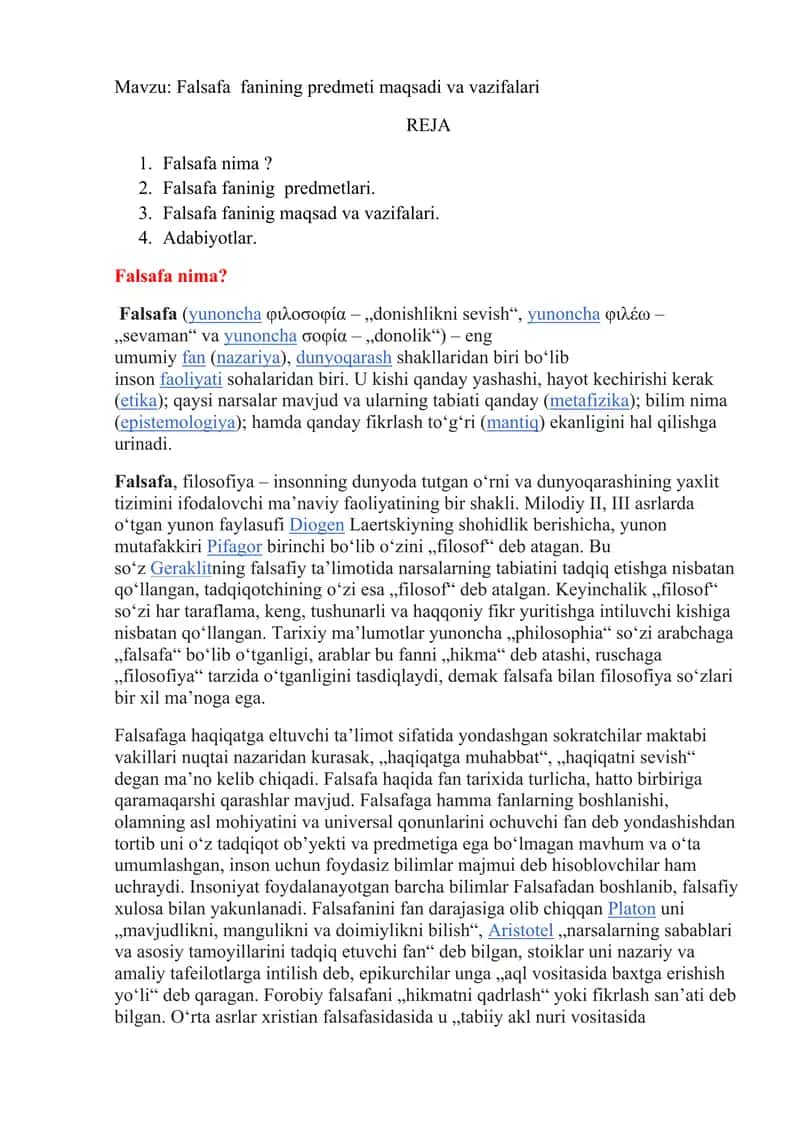 Falsafa fanining predmeti maqsadi va vazifalari 1