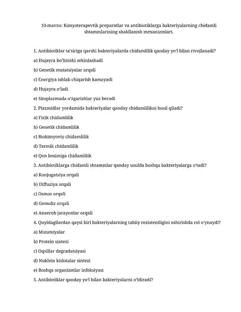 Kimyoterapevtik preparatlar va antibiotiklarga bakteriyalarning chidamli shtammlarining shakllanish
