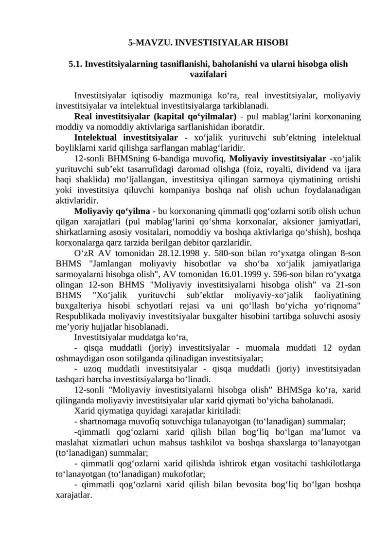 Investisiyalar hisobi 1