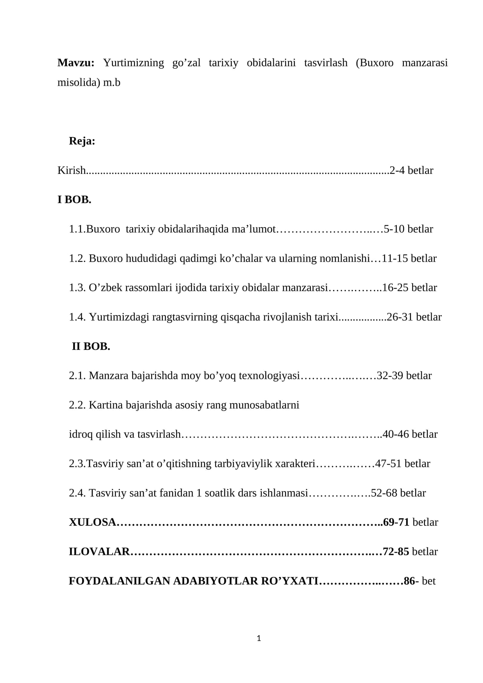 Yurtimizning go’zal tarixiy obidalarini tasvirlash (Buxoro manzarasi misolida) m.b 1