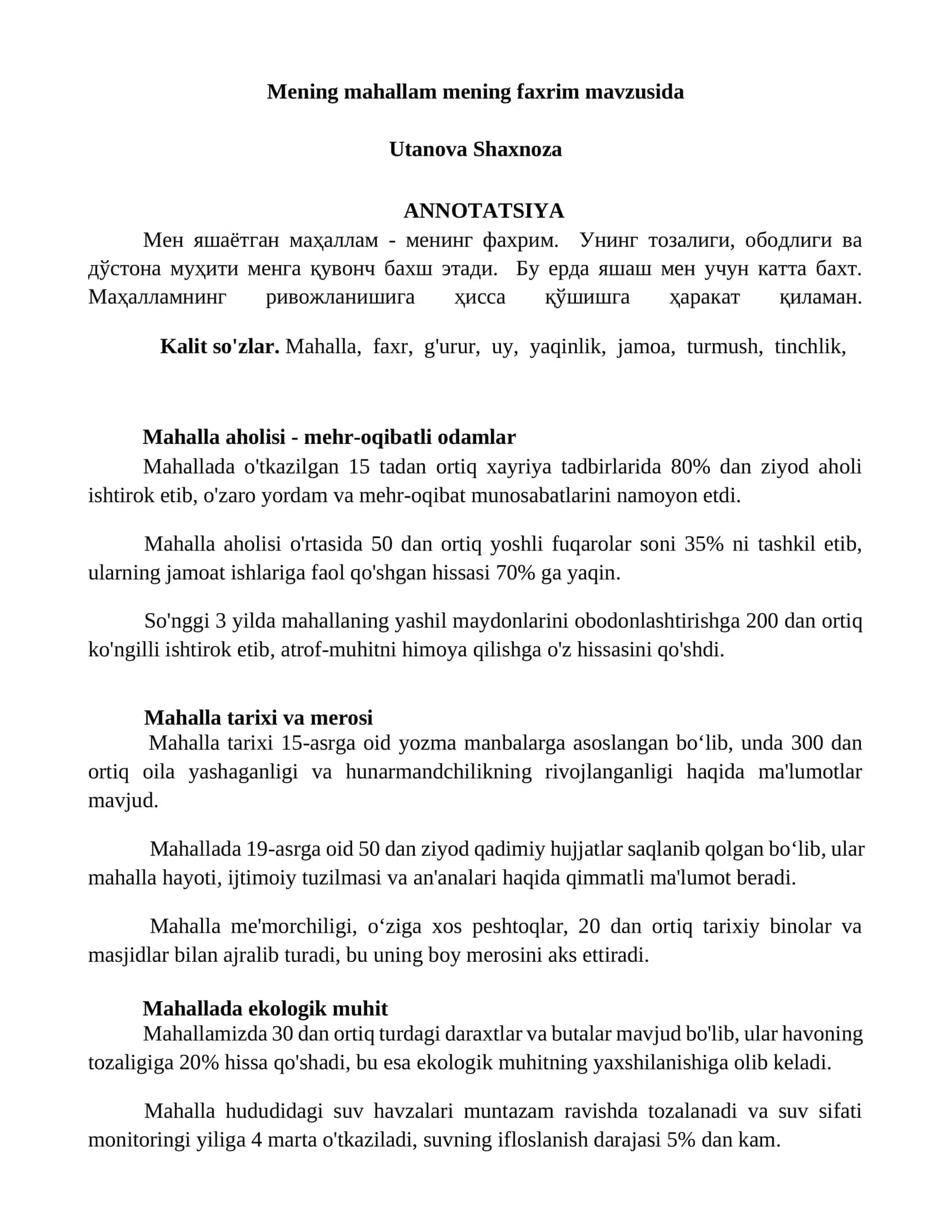 Mening mahallam mening faxrim mavzusida 1
