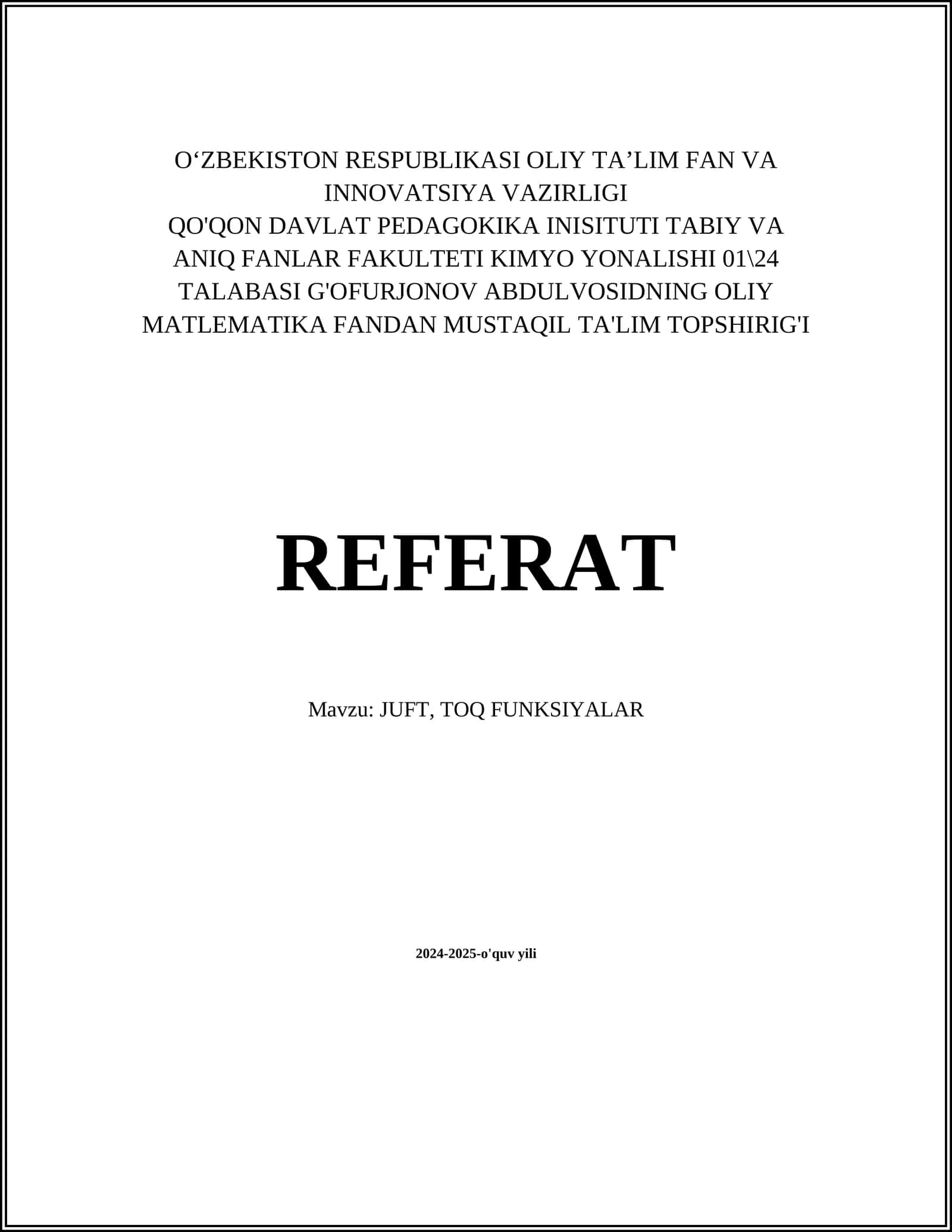JUFT, TOQ FUNKSIYALAR 1
