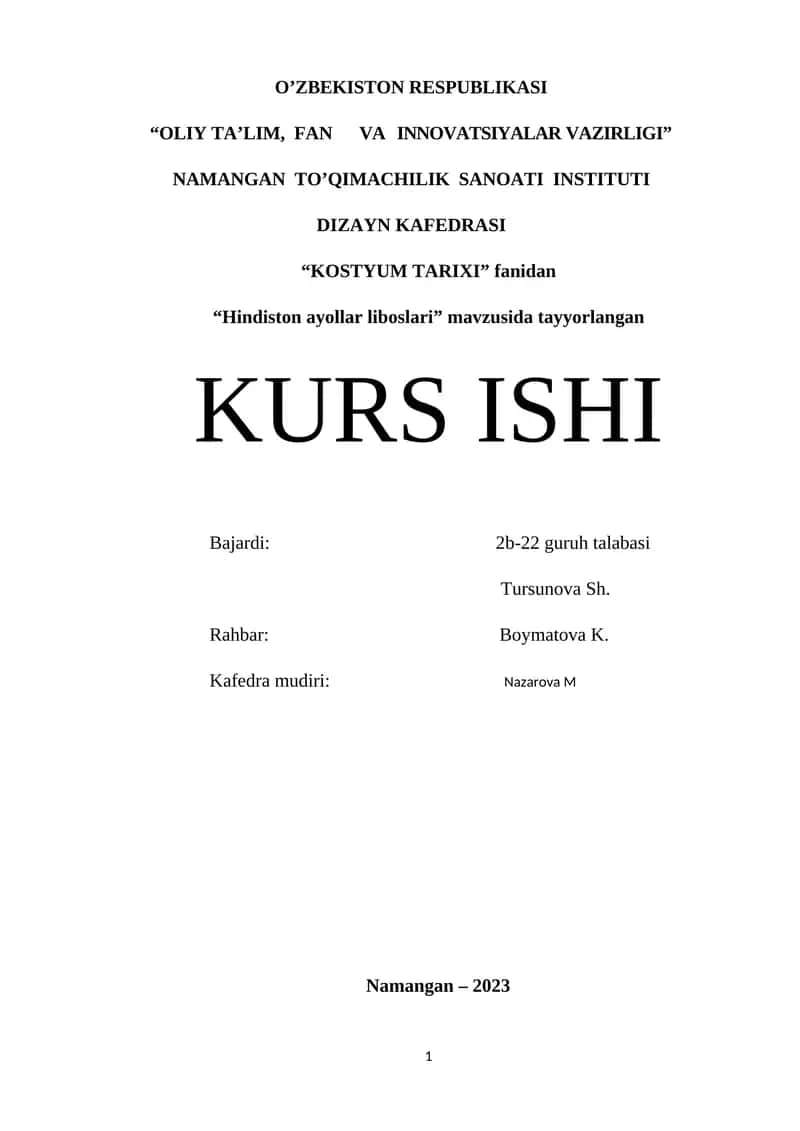 "Hindiston ayollar liboslari" KURS ISHI 1