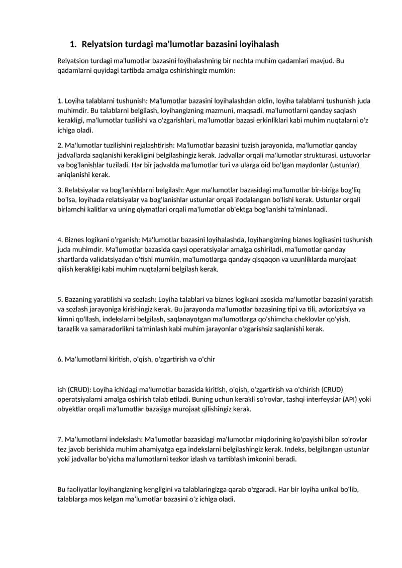Relyatsion turdagi ma'lumotlar bazasini loyihalash 1