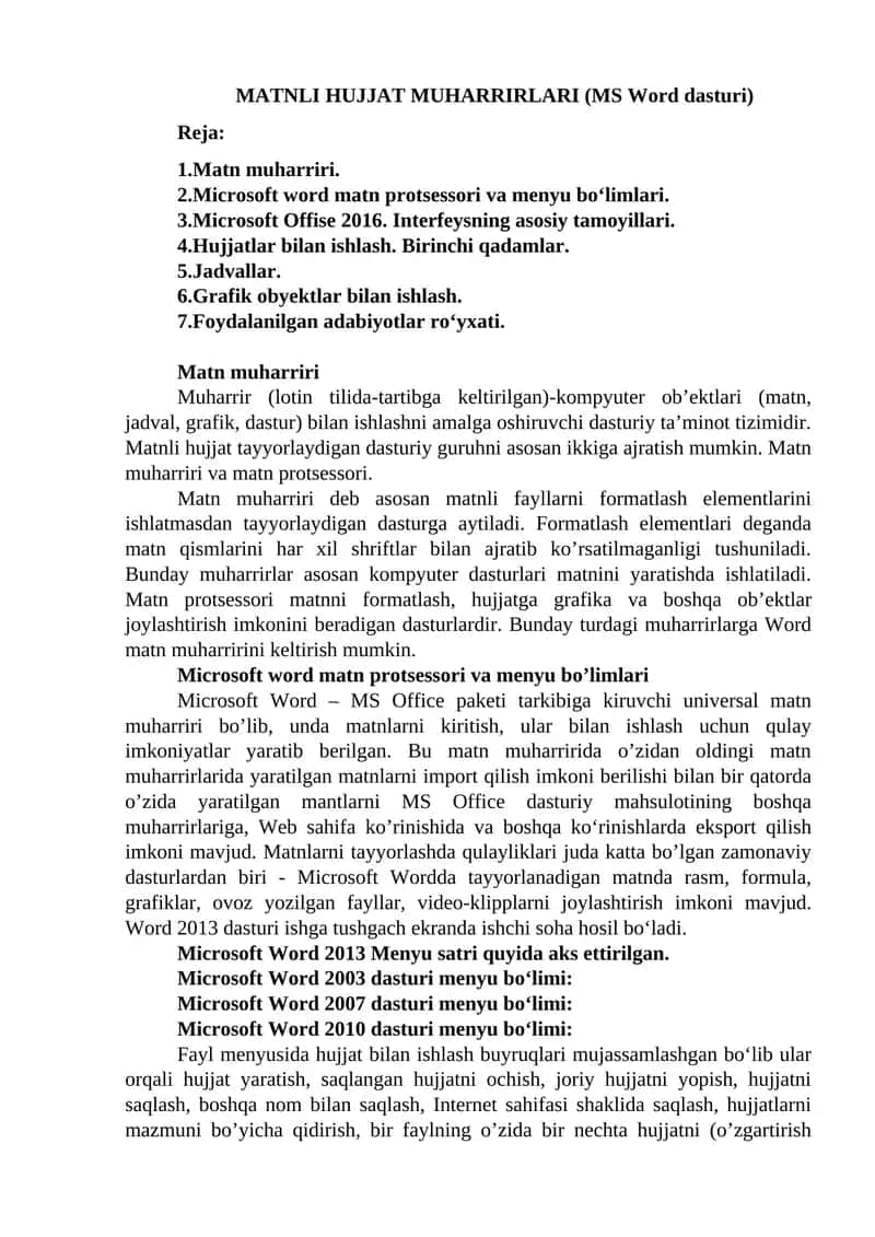 MATNLI HUJJAT MUHARRIRLARI (MS Word dasturi) 1