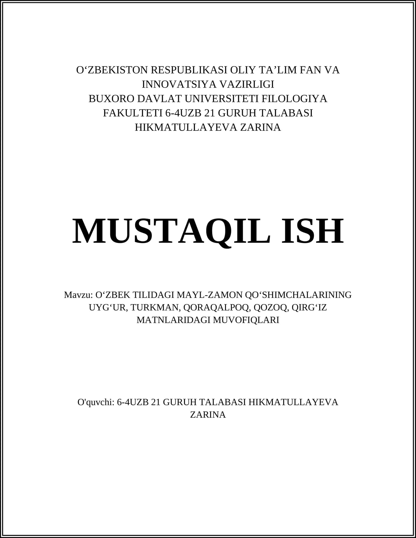 Oʻzbek Tilidagi Mayl-Zamon Qoʻshimchalarining Muvofiglari 1