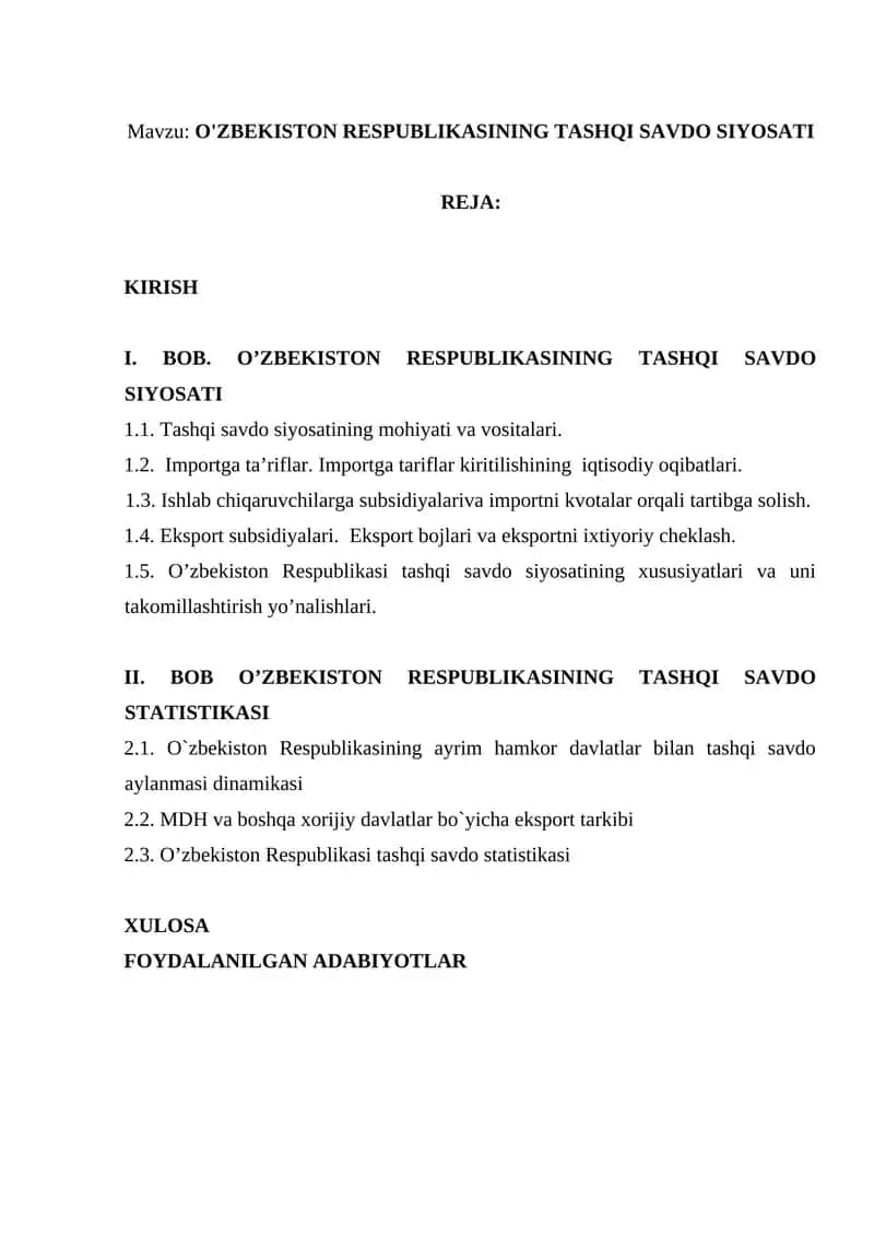 O'ZBEKISTON RESPUBLIKASINING TASHQI SAVDO SIYOSATI 1