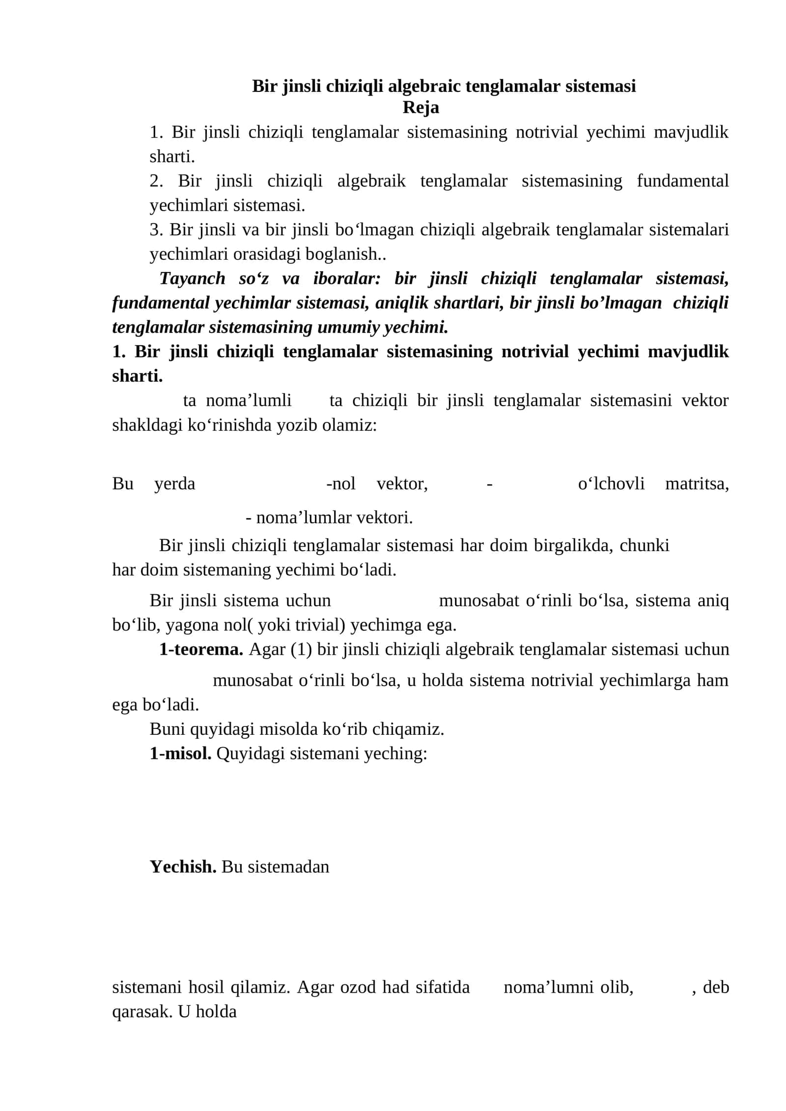 Bir jinsli chiziqli algebraik tenglamalar sistemasining yechimlari 1