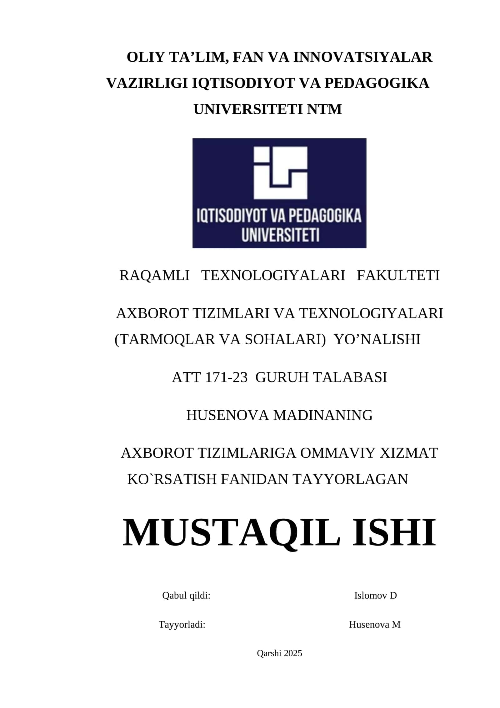 Markov jarayonlari va navbat tizimlarida tadbiqi 1