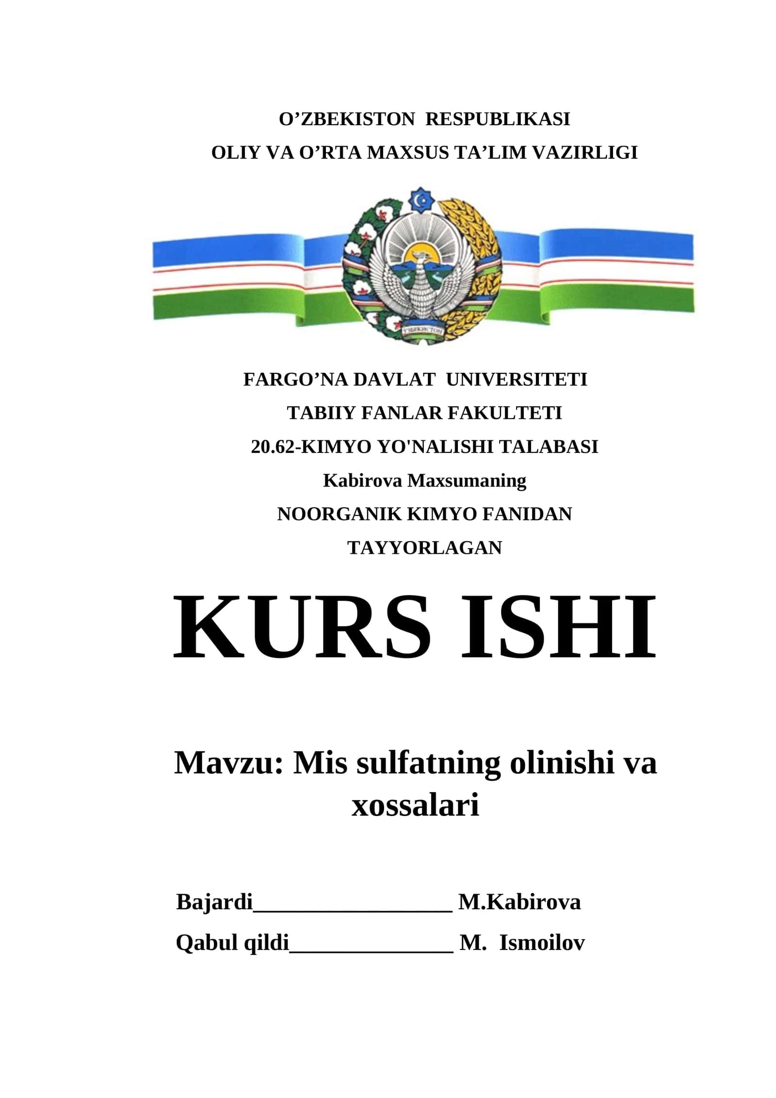 Mis sulfatning olinishi va xossalari 1