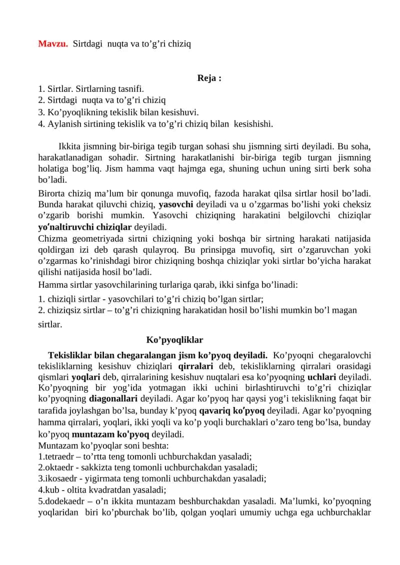 Sirtdagi nuqta va to’g’ri chiziq 1
