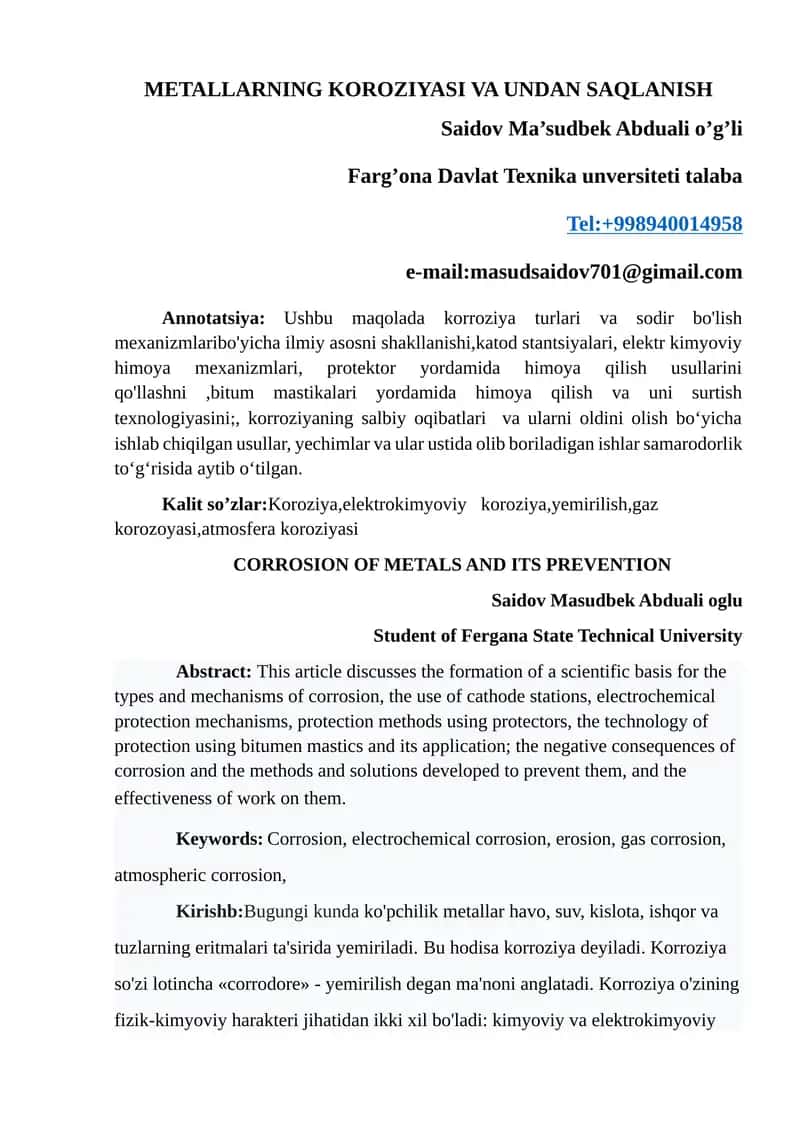 Materiallarning koroziyasi va ulardan saqlanish usullari 1