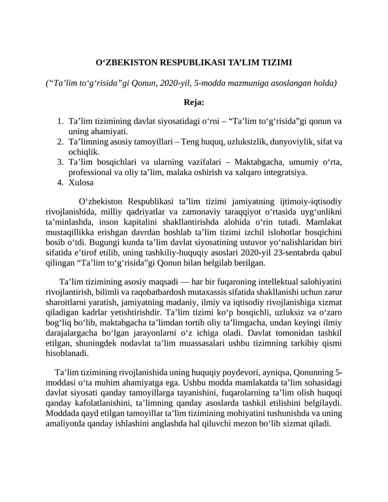 O‘ZBEKISTON RESPUBLIKASI TA’LIM TIZIMI 1