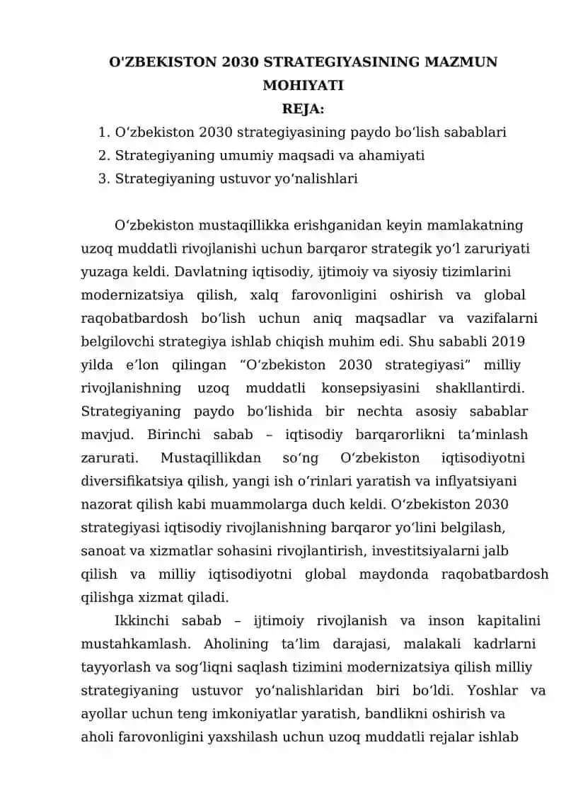O'ZBEKISTON 2030 STRATEGIYASINING MAZMUN MOHIYATI