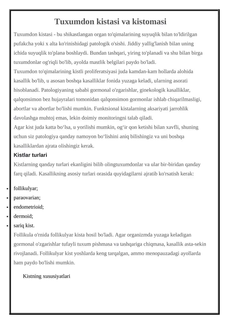 Tuxumdon kistasi va kistomasi 1