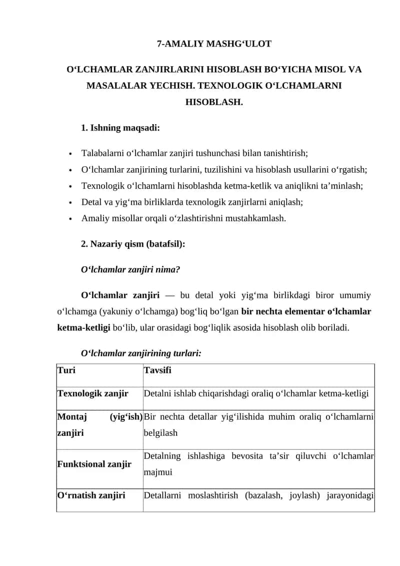 O‘LCHAMLAR ZANJIRLARINI HISOBLASH