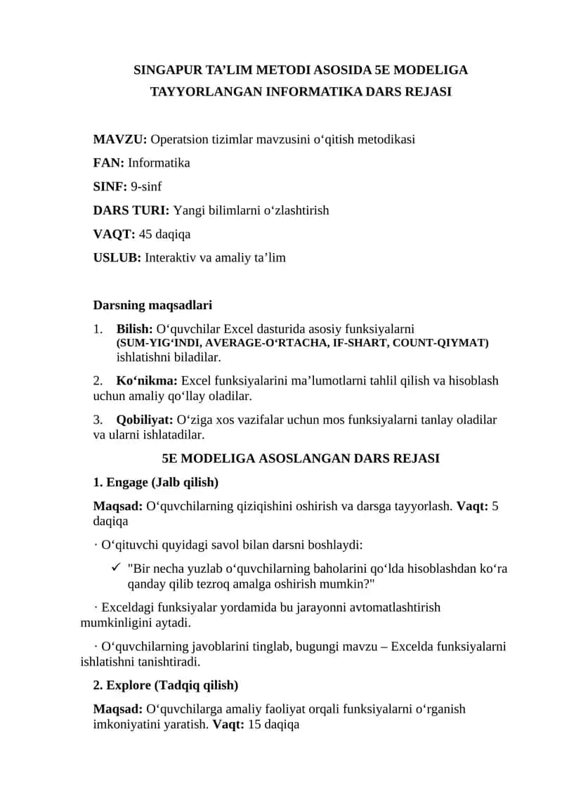 SINGAPUR TA’LIM METODI ASOSIDA 5E MODELIGA TAYYORLANGAN INFORMATIKA DARS REJASI 1