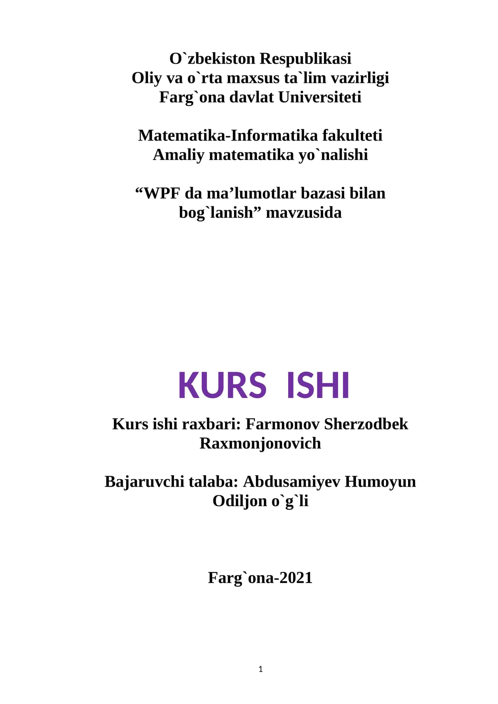 WPF da ma’lumotlar bazasi bilan bog`lanish 1