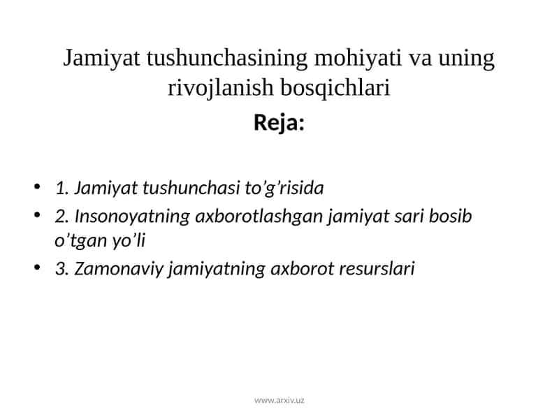 Jamiyattushunchasining mohiyati va uning rivojlanishbosqichlari 1