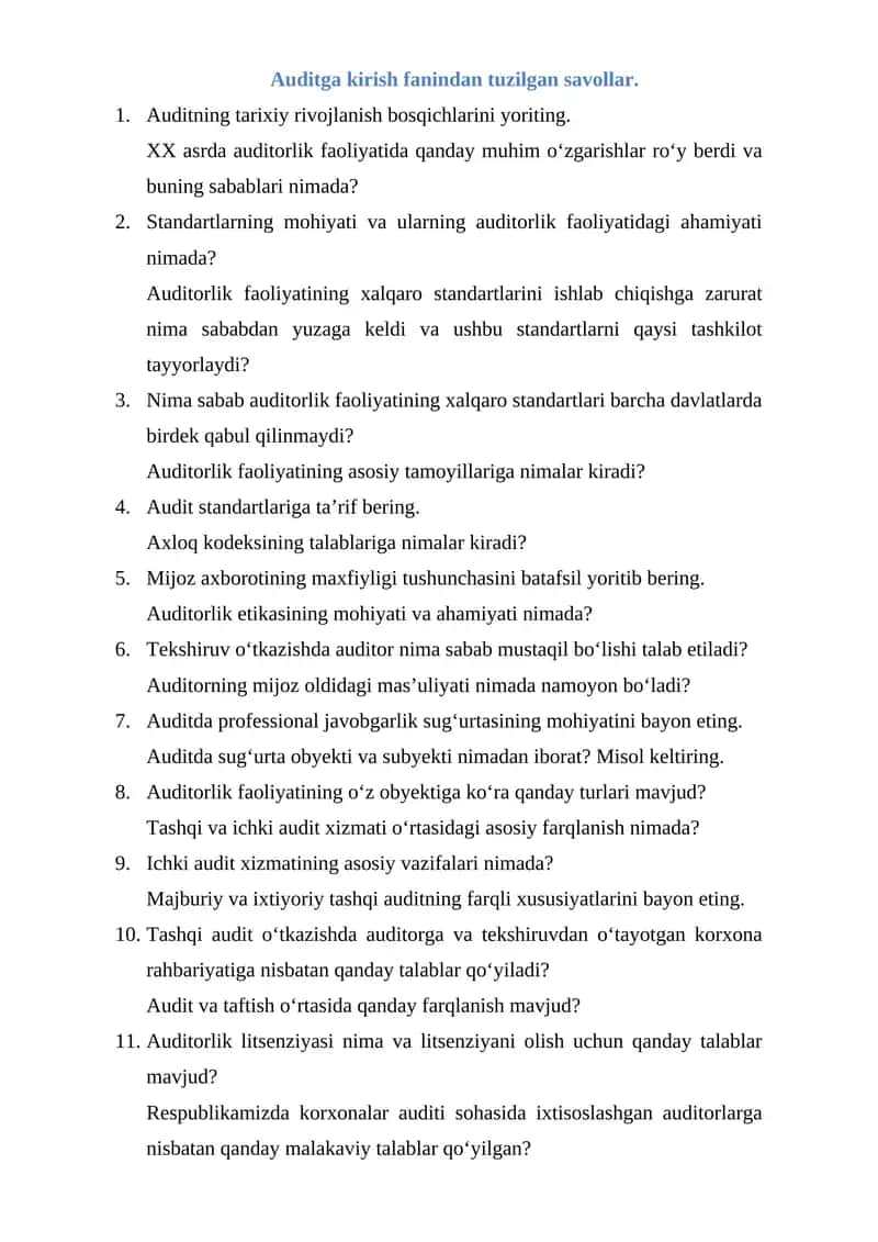 Auditga kirish fanindan tuzilgan savollar 1