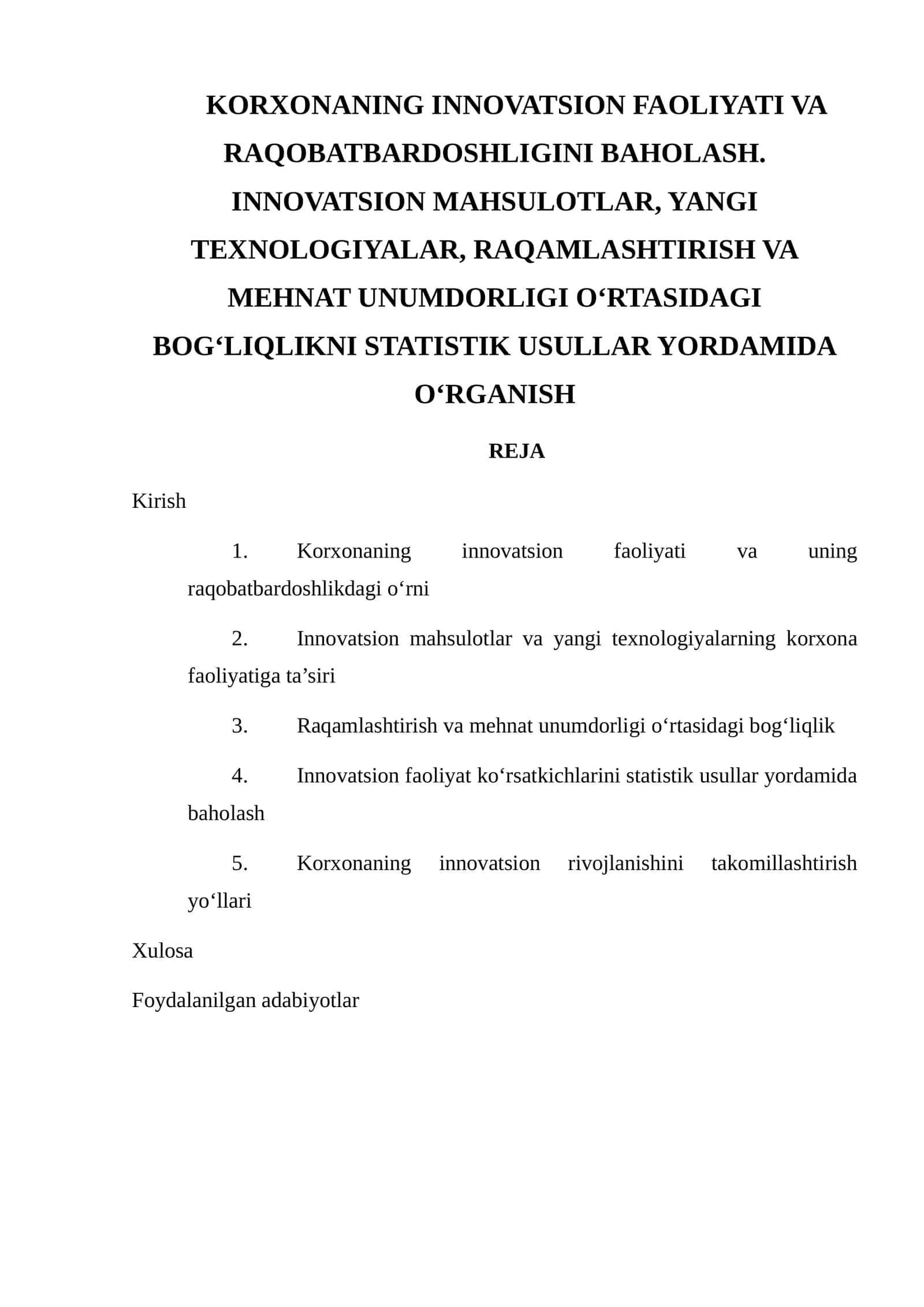 Korxonaning Innovatsion Faoliyati va Raqobatbardoshligini Baholash 1