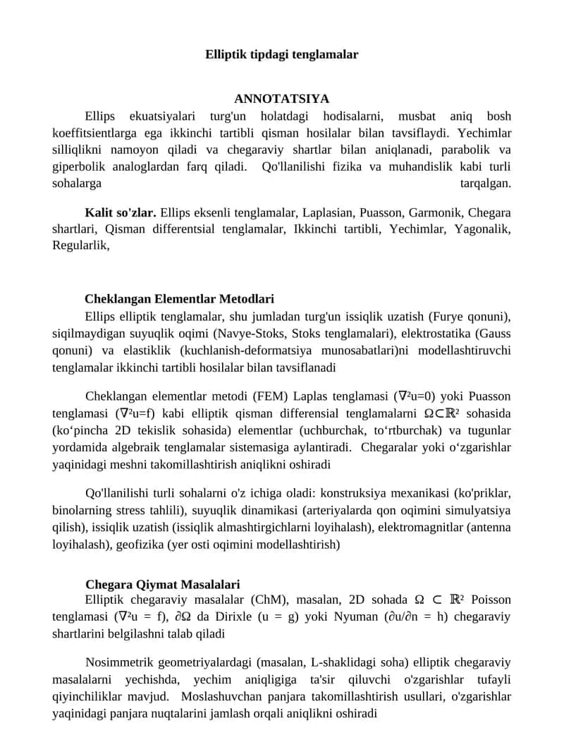 Ellips Ekuatsiyalari va Cheklangan Elementlar Metodlari 1