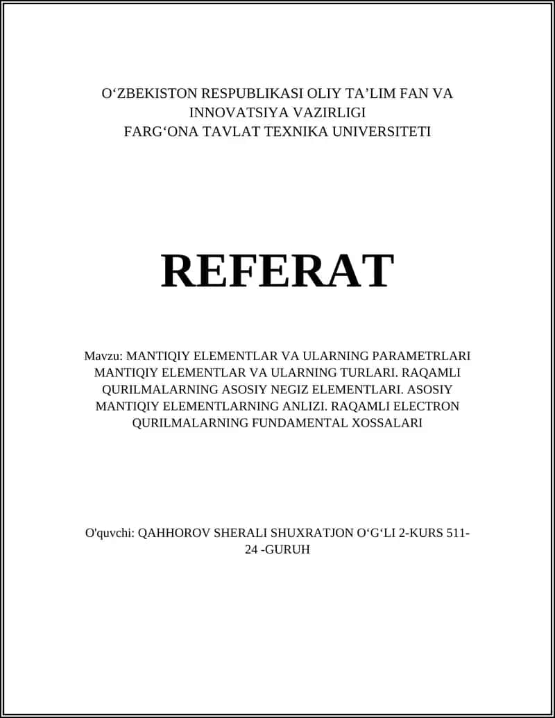 MANTIQIY ELEMENTLAR VA ULARNING PARAMETRLARI 1