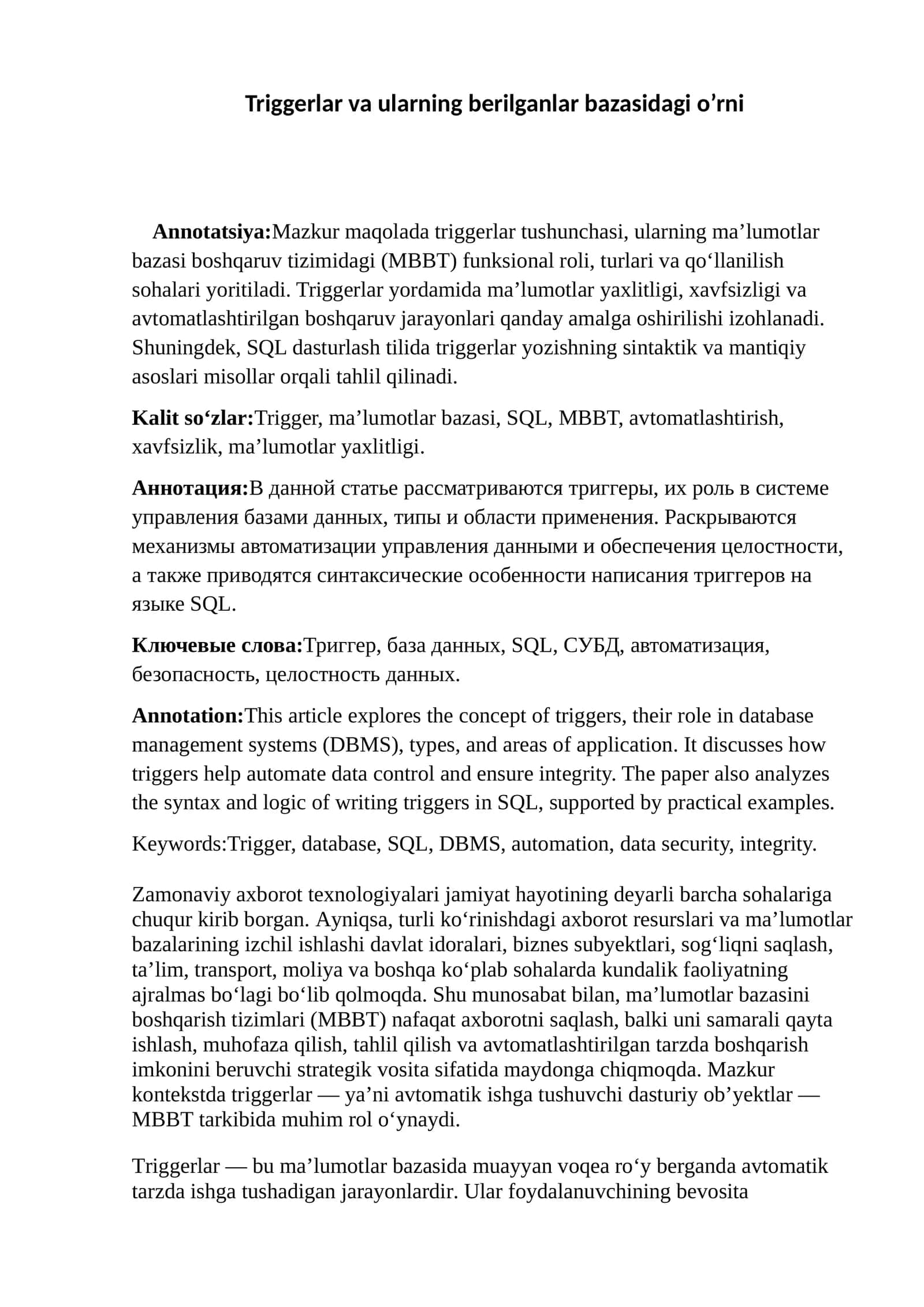 Triggerlar va ularning berilganlar bazasidagi o’rni 1