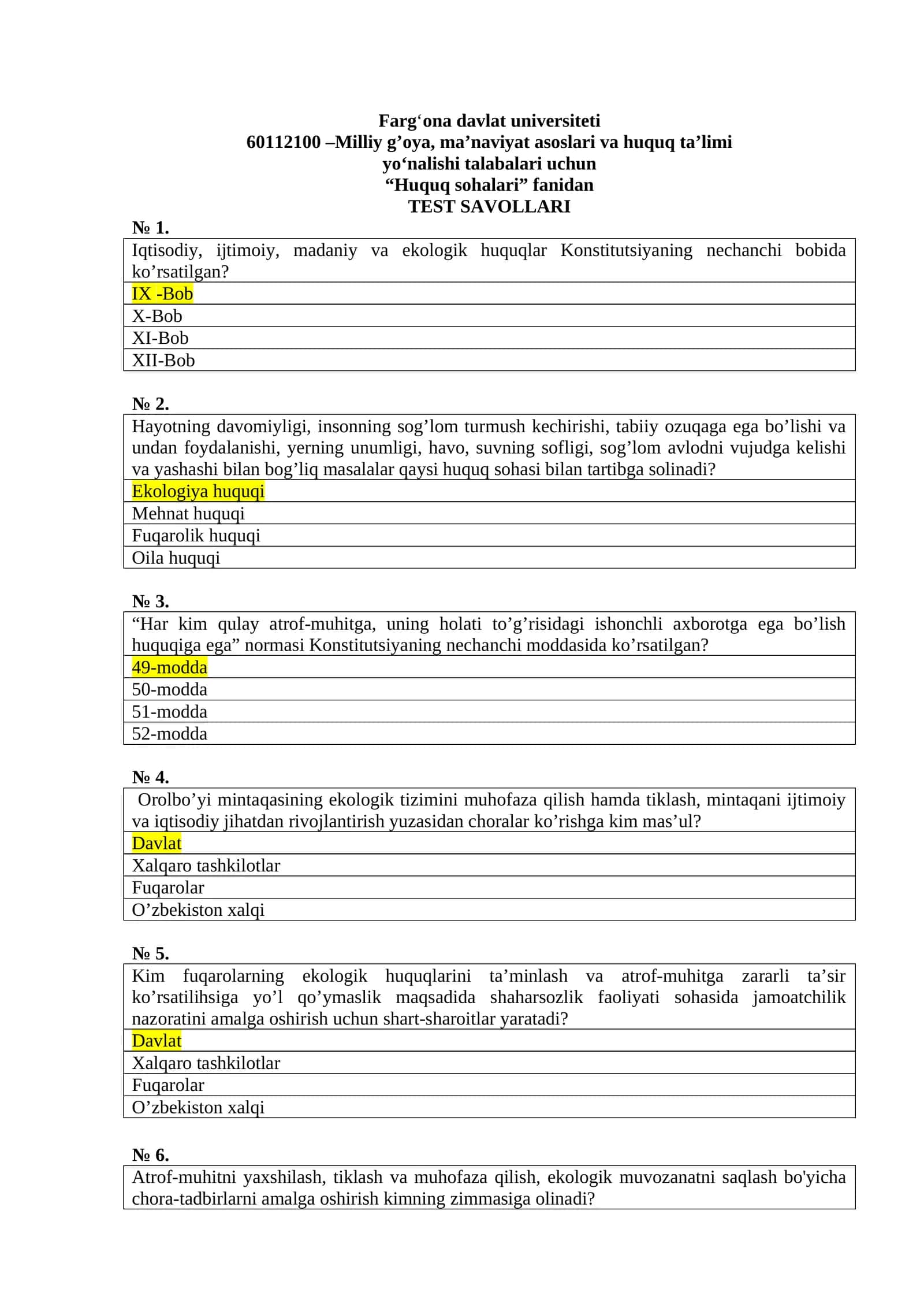 Huquq sohalari test 1