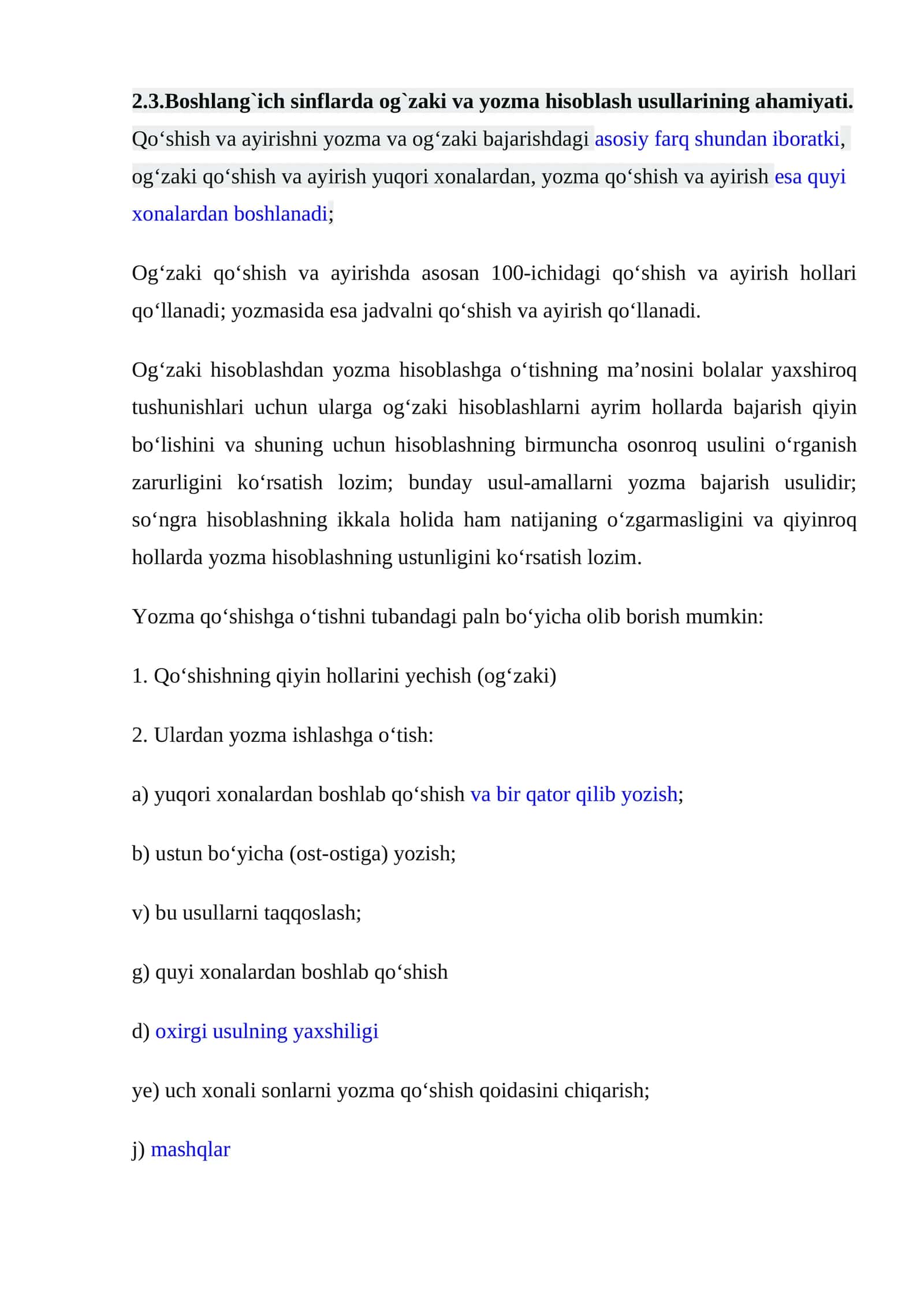 Boshlang`ich sinflarda og`zaki va yozma hisoblash usullarining ahamiyati 1