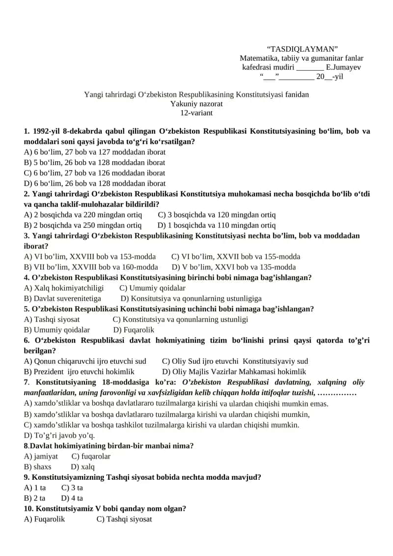 Yangi tahrirdagi O‘zbekiston Respublikasining Konstitutsiyasi fanidan Yakuniy nazorat 1