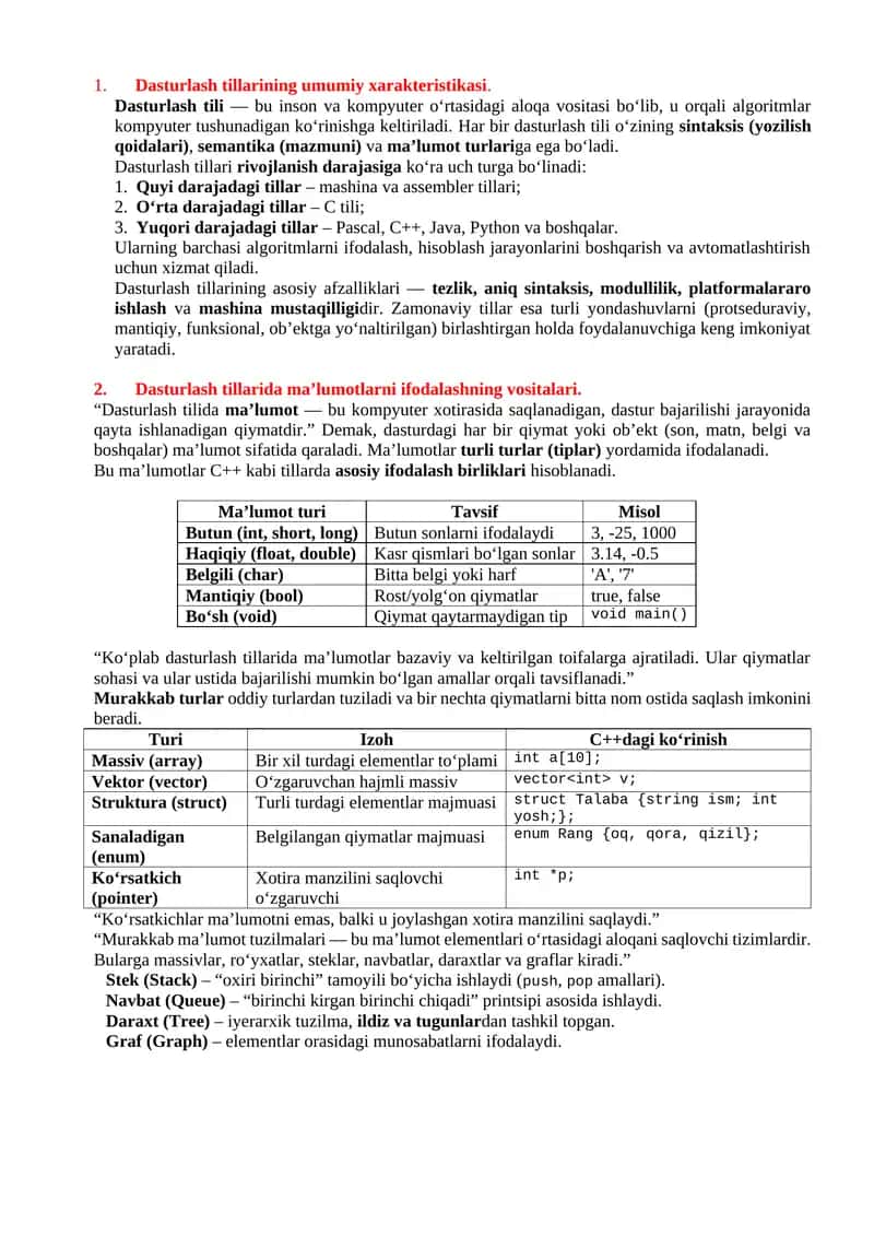 Dasturlash tillarining umumiy xarakteristikasi. 1