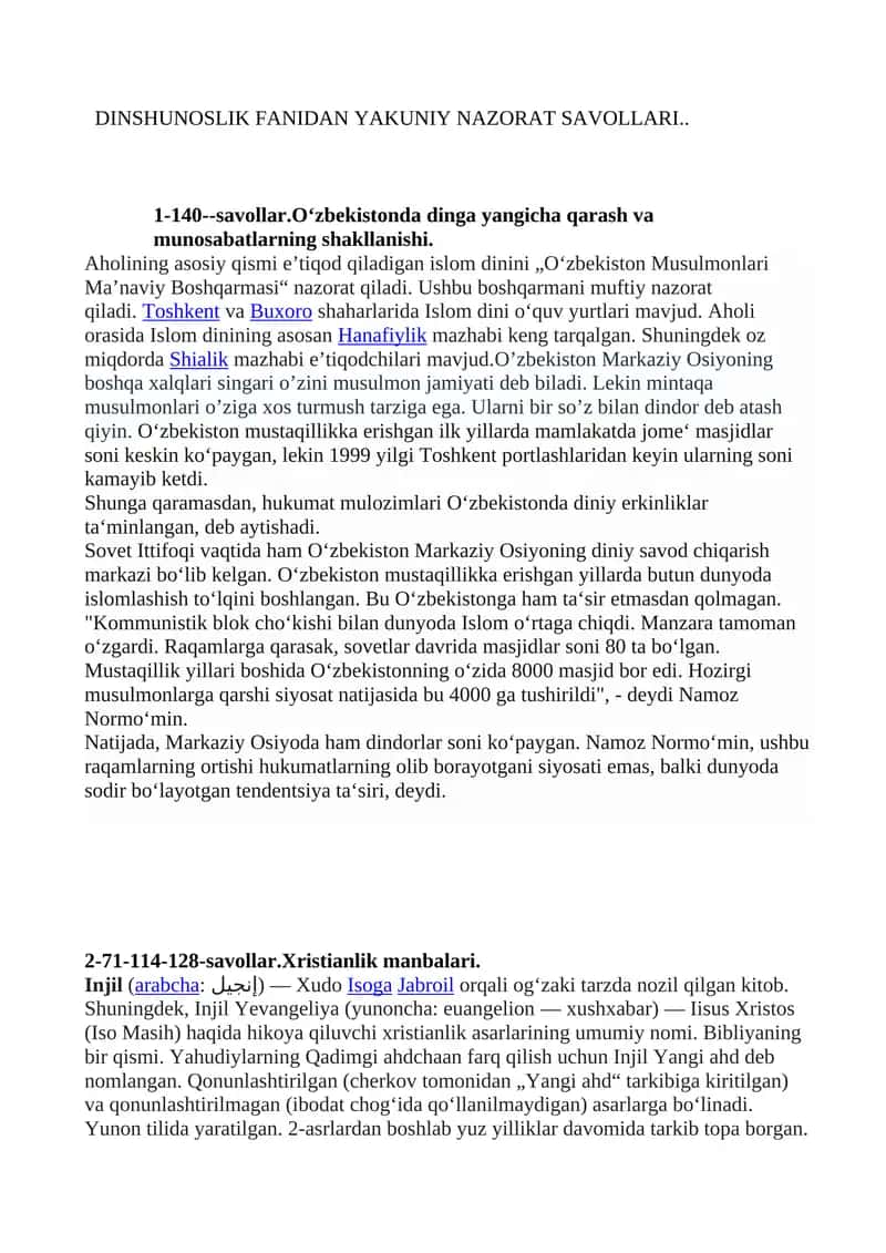 DINSHUNOSLIK FANIDAN YAKUNIY NAZORAT SAVOLLARI 1
