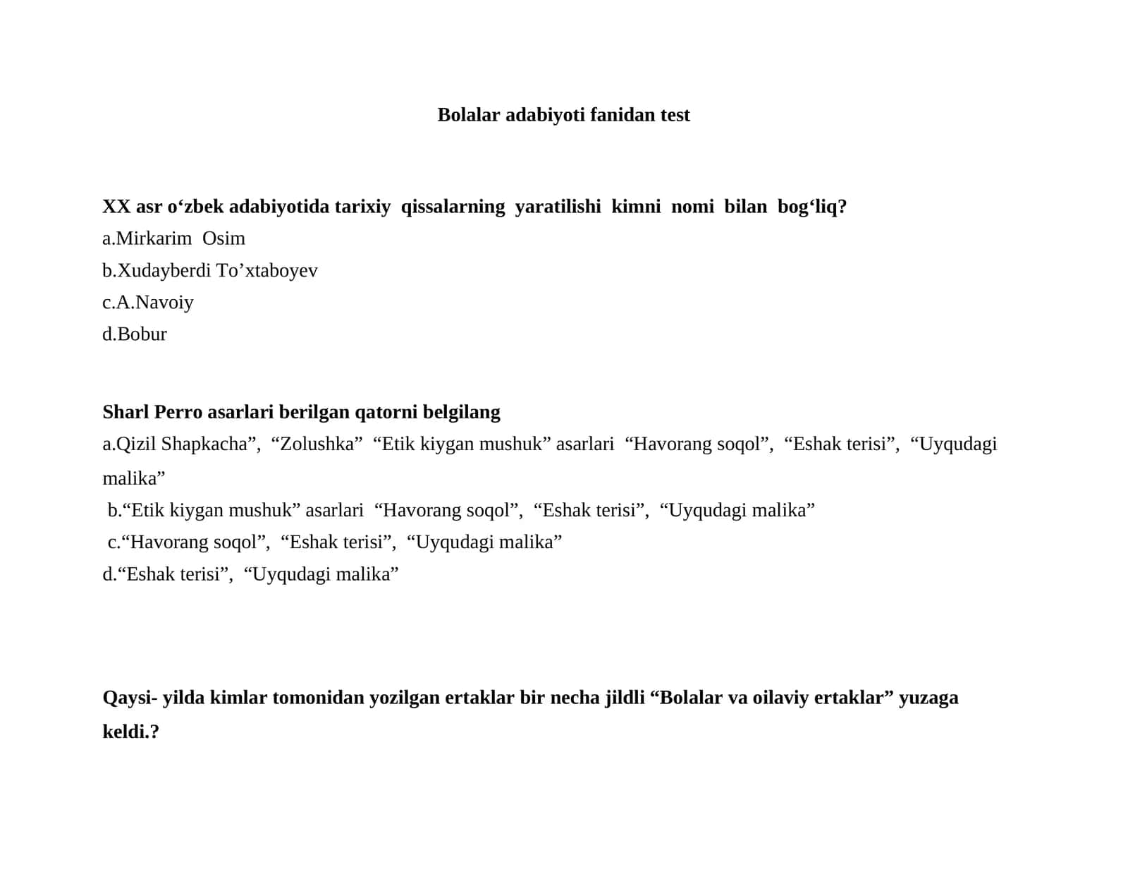 Bolalar adabiyoti fanidan test 1