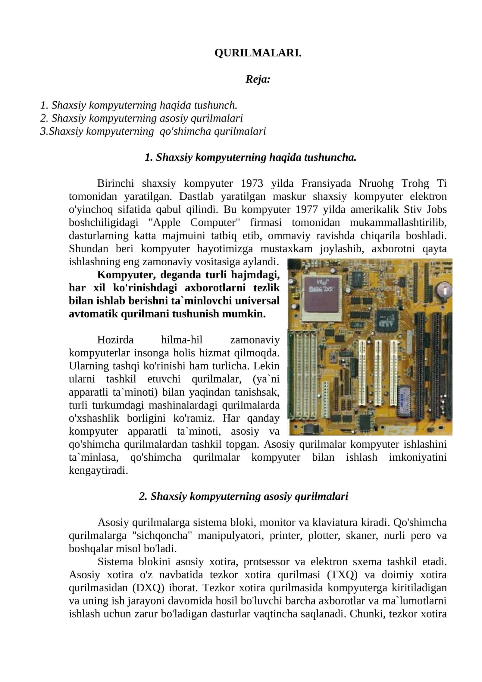 Shaxsiy kompyuterning asosiy qurilmalari 1