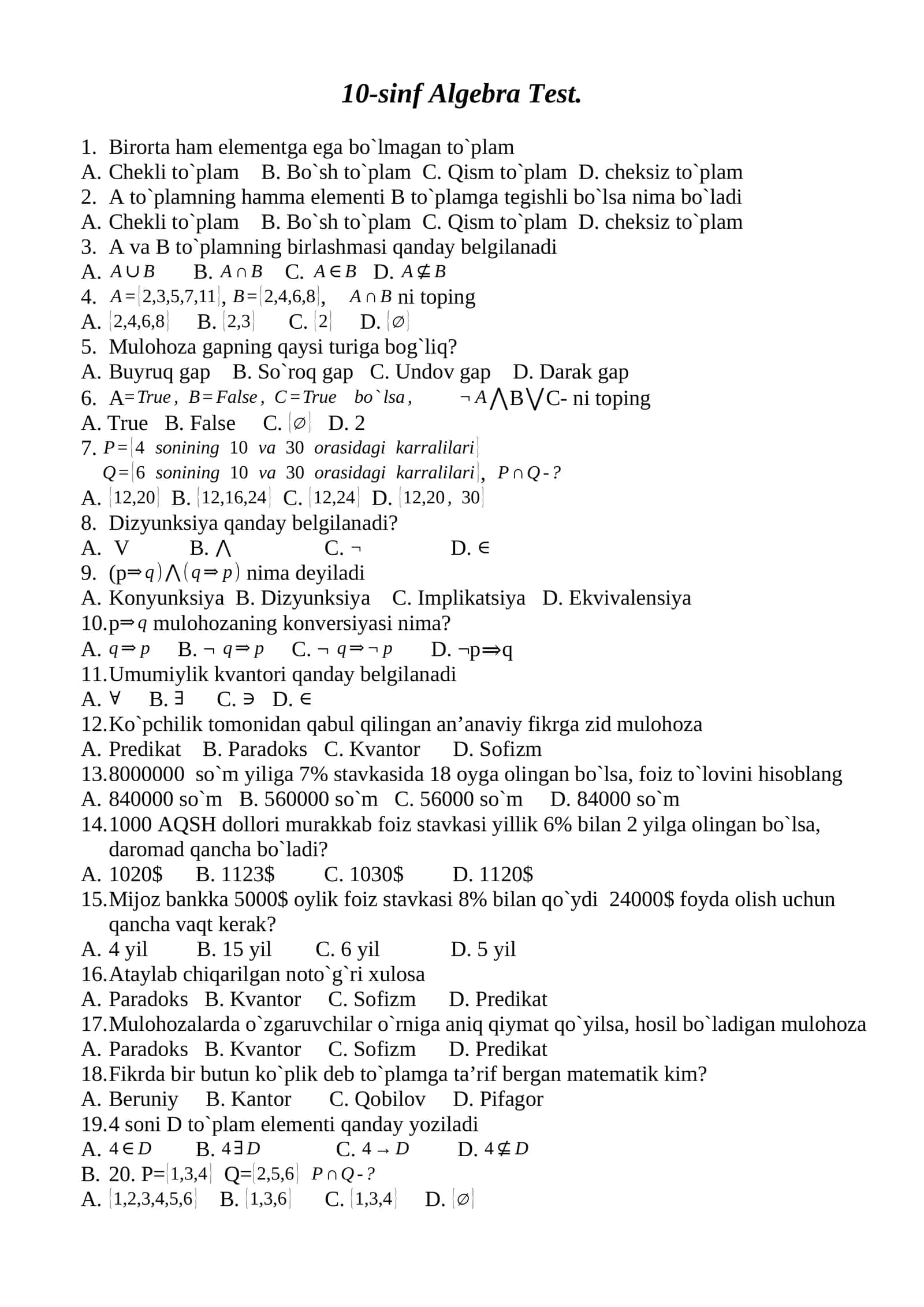 10-sinf Algebra Test 1