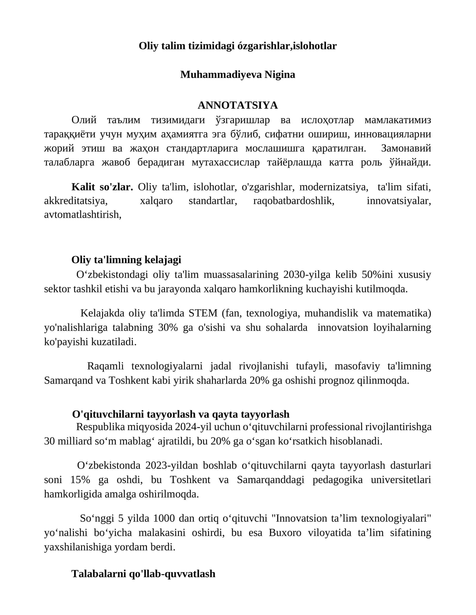 Oliy talim tizimidagi ózgarishlar,islohotlar 1